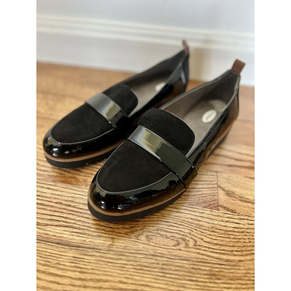Dr. Scholl's Webster Preppy Loafers Black Slip On Faux Patent Microsuede Sz 6.5